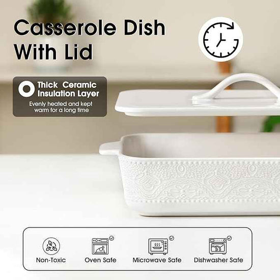 Casserole Dish with Lid, Ceramic 9x13 Casserole Dish for Oven, Rectangular Bakeware, Large Baking Dish with Handles for Holiday Cooking, Roasting, Baking, Oven & Microwave Safe (White)