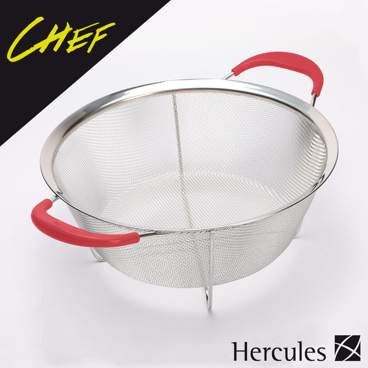 Hercules Chef by Mundial 9.8" Stainless Steel Colander Strainer with Red Silicone Handles