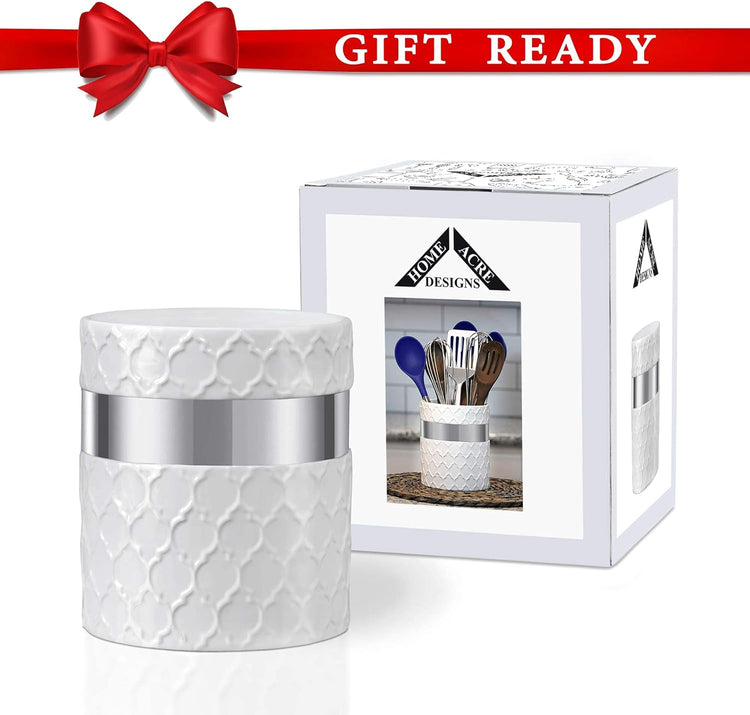 Home Acre Designs Kitchen Utensil Holder - Large Ceramic Farmhouse Countertop Crock, White/Silver