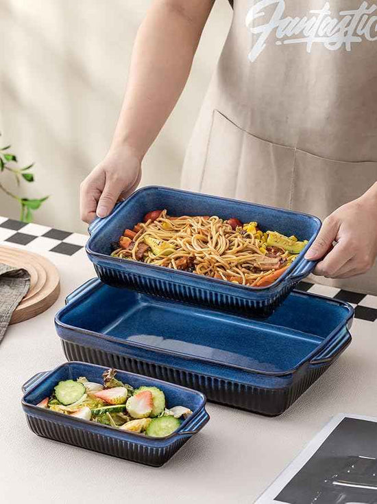 Kanwone Ceramic Baking Dishes, Rectangular Lasagna Pans, Casserole Dishes, Bakeware Set for Cooking, Kitchen, Cake Dinner, 9 x 13 Inches, Stripe Series - Reactive Glazed (Bright Blue)