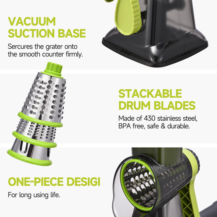 Rotary Cheese Grater with Handle Kitchen Shredder Slicer Grater Slicer Ice Shaver Cheese Vegetable Nuts Potato Zucchini Chocolate 3 Interchangeable Blades