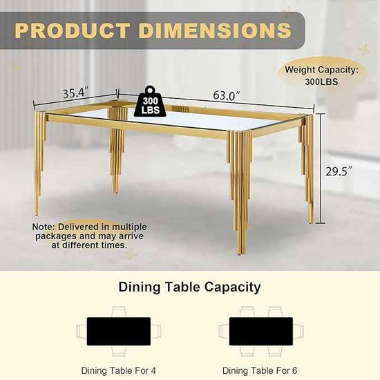 63'' Modern Glass Dining Table for 4-6 People,Tempered Glass Top Dining Room Table with Stainless Steel Base, Glass and Gold Dining Table for 6, Rectangle Dining Kitchen Table for Dinner