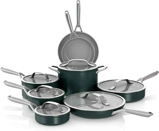 Ninja Ceramic Pro 14-Piece Cookware Set, Non-Stick Pots & Pans Set with Glass Lids, Nontoxic, PTFE Free, Ceramic Coated, Oven Safe, All Stovetops & Induction Compatible, British Racing Green CW39011GN