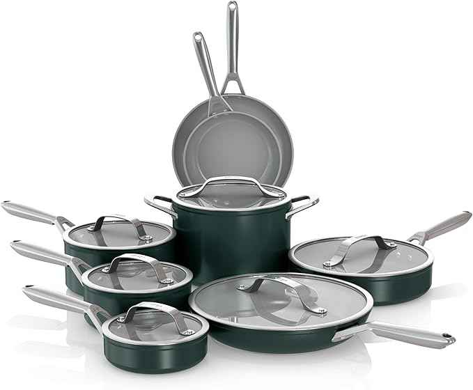 Ninja Ceramic Pro 14-Piece Cookware Set, Non-Stick Pots & Pans Set with Glass Lids, Nontoxic, PTFE Free, Ceramic Coated, Oven Safe, All Stovetops & Induction Compatible, British Racing Green CW39011GN