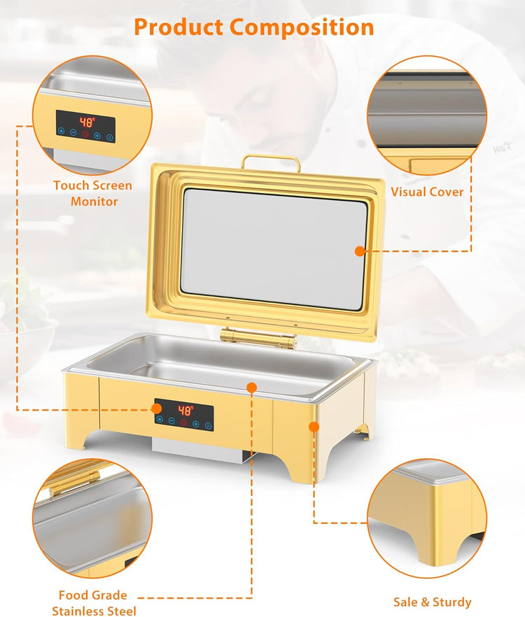 Electric Chafing Dish, 9QT Full Size Touch Screen Chafing Dishes for Buffet Roll Top Set Food Servers and Warmer with Glass Lid for Catering, Parties, Weddings, Gold