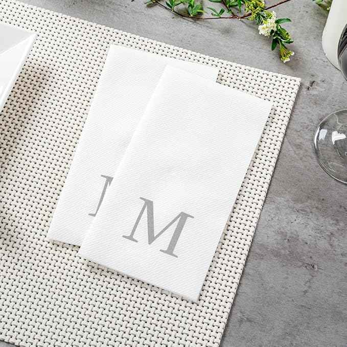 Luxenap 15.8 X 7.9 Inch Linen-Feel Guest Towels, 2000 Lettered Hand Towels - Silver Letter 'M', Sans Serif Font, White Paper Dinner Napkins, airlaid, For Restrooms And Tables - Restaurantware