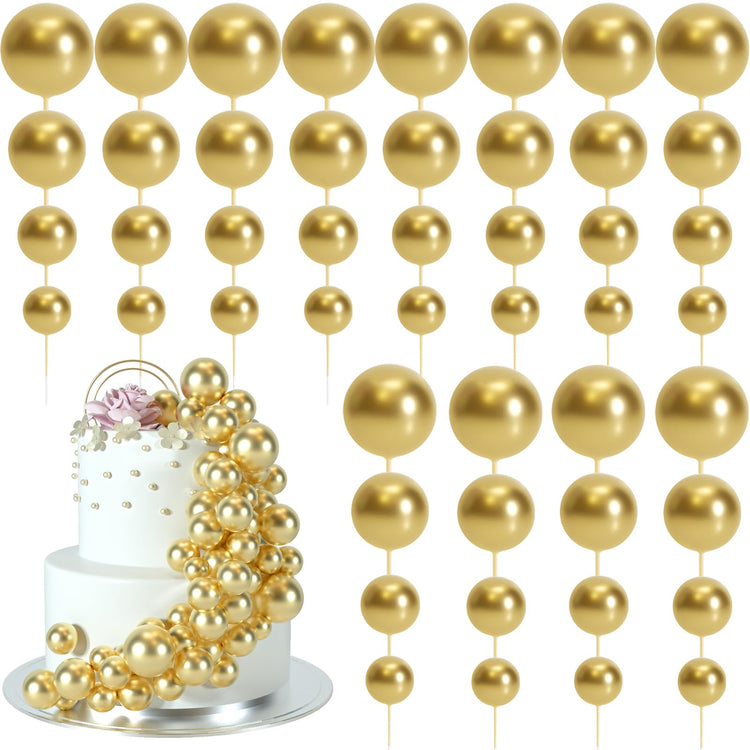 48 Pcs Gold Balls Cake Topper Decorations Balloon Cupcake Toppers Foam Cake Topper Balls Cake Balls Decorations for Birthday Party Wedding Anniversary Cake Decorating (48 Count)