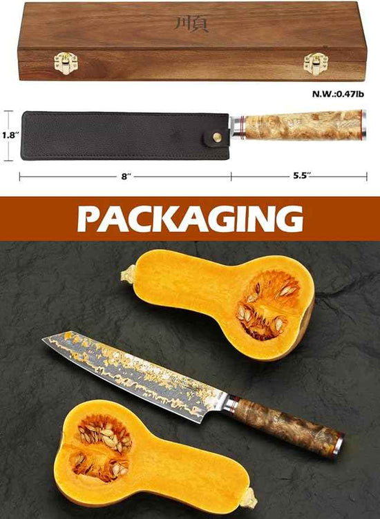 YOUSUNLONG Kiritsuke Chef Knife - 8 Inch Japanese Copper Damascus Steel Blade - Razor Sharp Kitchen Knives - Handmade Cooking Knife - Naturel Burl Wooden Handle with Leather