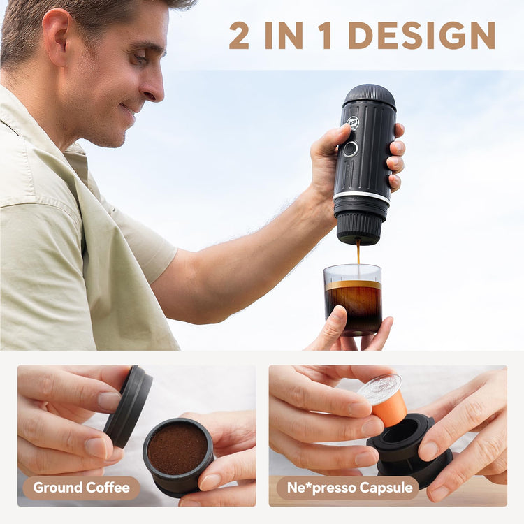 2-in-1 Portable Espresso Maker For Nespresso Pod＆Ground,Black (2.7 Ounce)