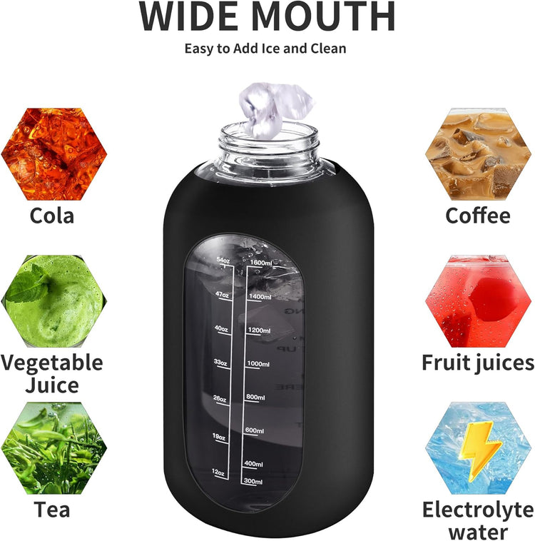CIVAGO 40 oz Glass Water Bottle with Straw and Handle, Large Sports Motivational Water Bottle Flask with Time Marker and 2 Lids, Leakproof Water Jug Canteen with Silicone Sleeve for Gym,Apricot