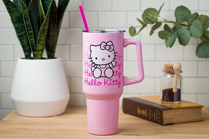 Silver Buffalo Sanrio Hello Kitty Waving Double Walled Stainless Steel Tumbler with Handle and Straw, Fits in Standard Cup Holder, 40 Ounces