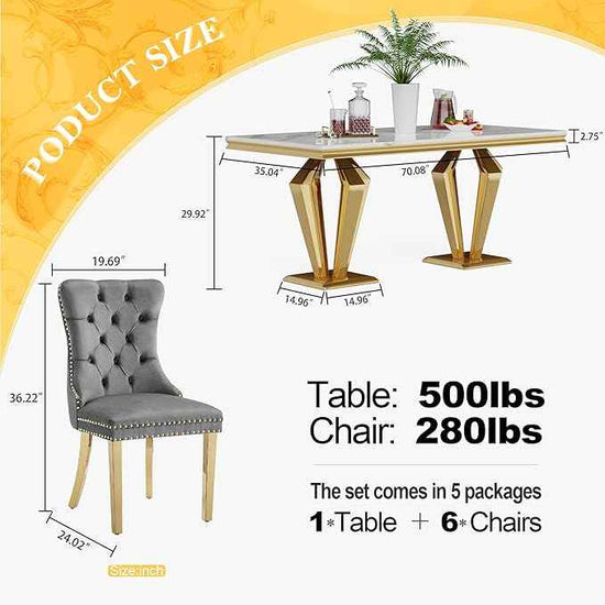 7 Piece Luxury Dining Room Set, Modern Dining Table and Upholstered Chairs Set, Marble Kitchen Table Set for 6, Big Kitchen Dinner Tables Kit with Silver Base