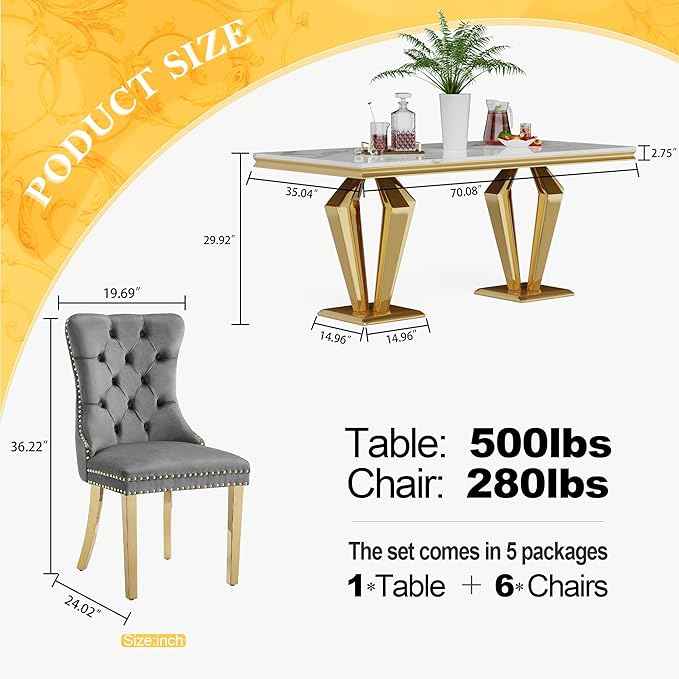 7 Piece Luxury Dining Room Set, Modern Dining Table and Upholstered Chairs Set, Marble Kitchen Table Set for 6, Big Kitchen Dinner Tables Kit with Silver Base