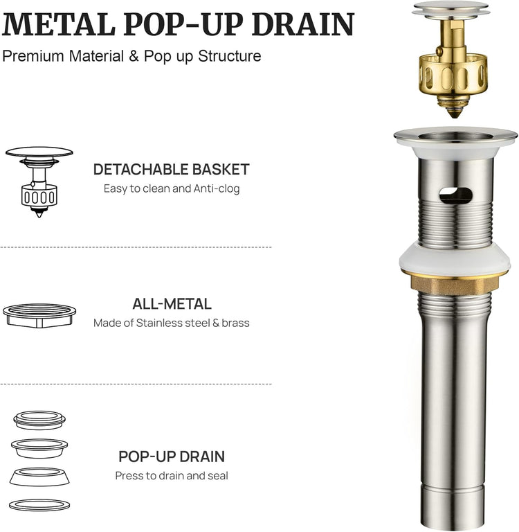 Pop up Sink Drain Stopper for Bathroom Vessel Vanity Sink Art Basin Brushed Nickel, Small Cap with Overflow, Metal Pop up Drain Strainer with Detachable Basket Stopper
