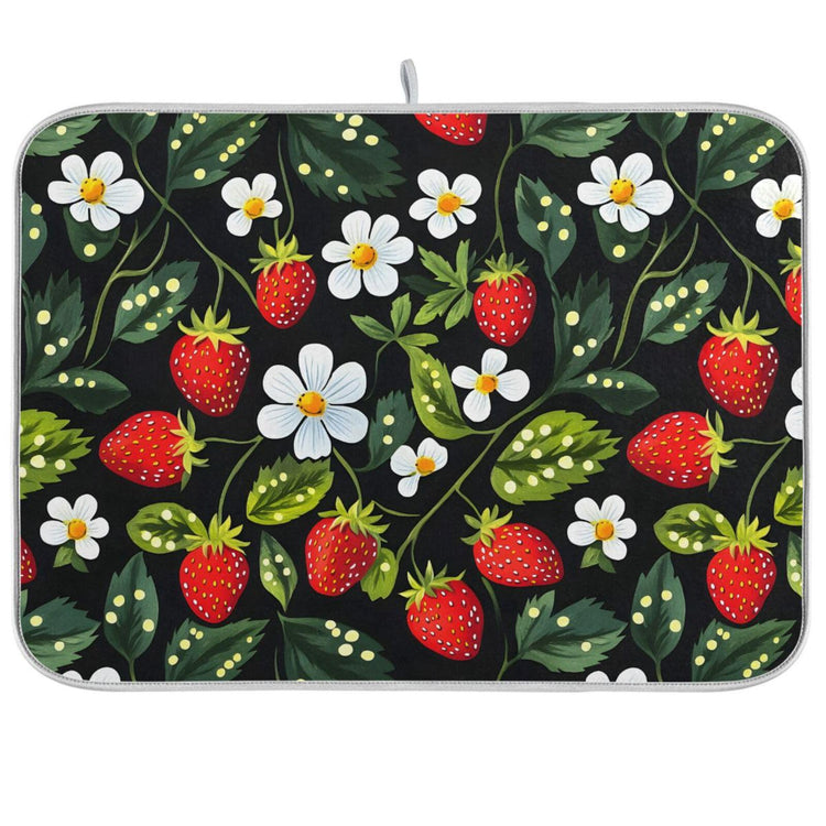 Strawberries White Flowers Dish Drying Mat for Kitchen Counter Absorbent Microfiber Drying Pad