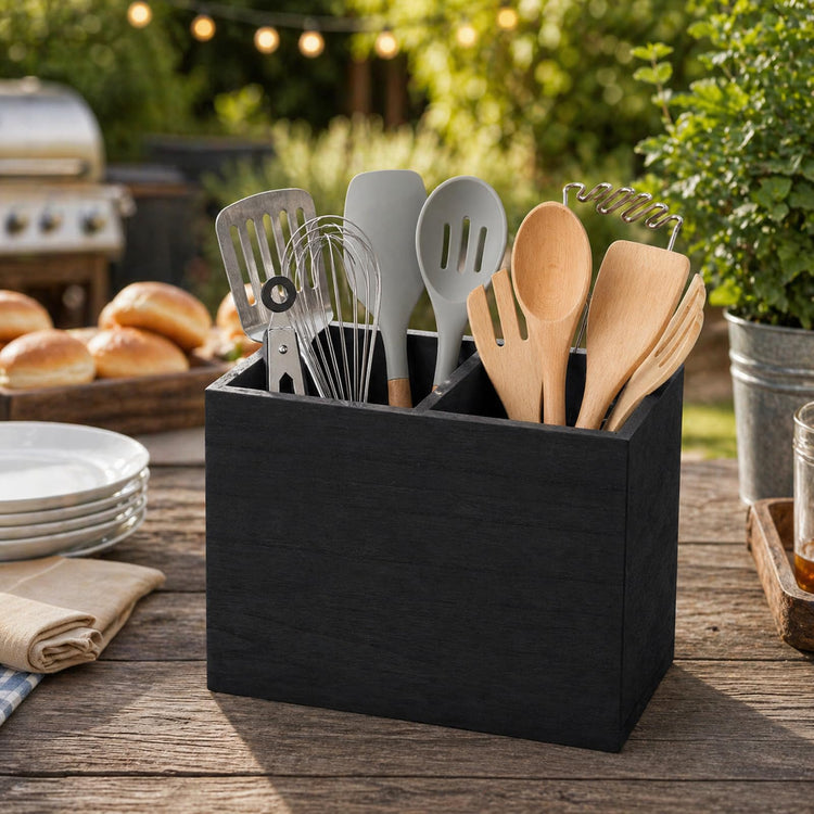 Wooden Kitchen Utensil Caddy With 2 Compartments