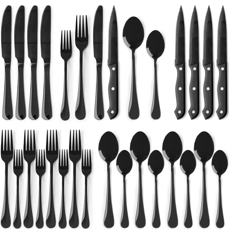 24 Piece Black Silverware Set with Steak Knives Flatware Set for 4 Food (24 Count)