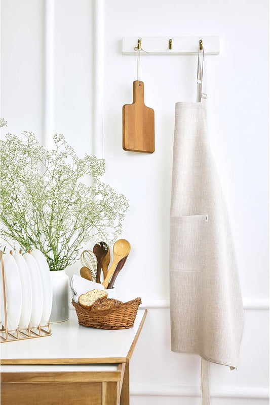 Solino Home 100% Pure Linen Apron for Women & Men - Light Natural Stripe Full Midi Bib Apron, Adjustable Neck Strap with Center Pockets for Kitchen, Chef - Handcrafted from European Flax