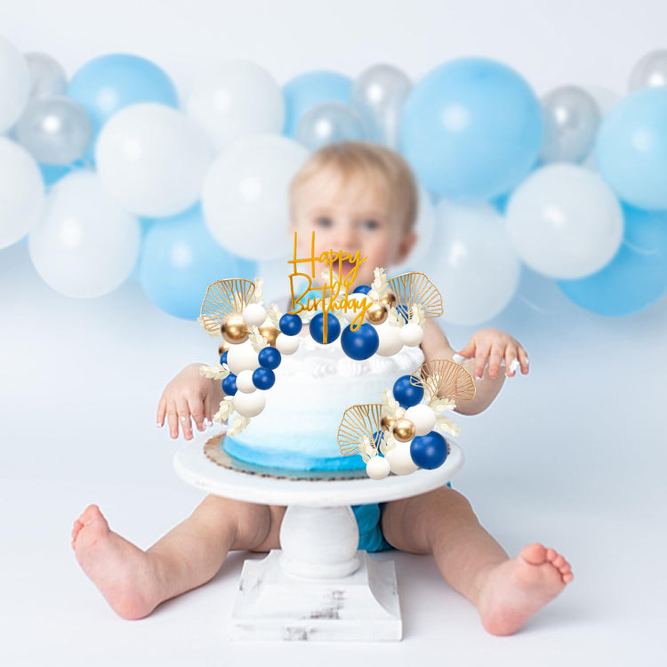 57Pcs Balls Cake Topper Boho Grass Cake topper Pearl Balls Acrylic Happy Birthday Cake Decorations for Wedding Baby Shower Birthday Boho Themed Party Supplies Royal Blue (57 Count)