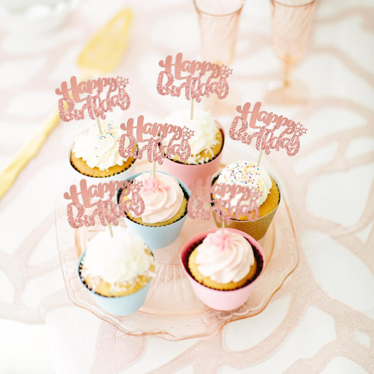 24Pcs Rose Gold Happy Birthday Cupcake Toppers for Baby Shower (24 Count)