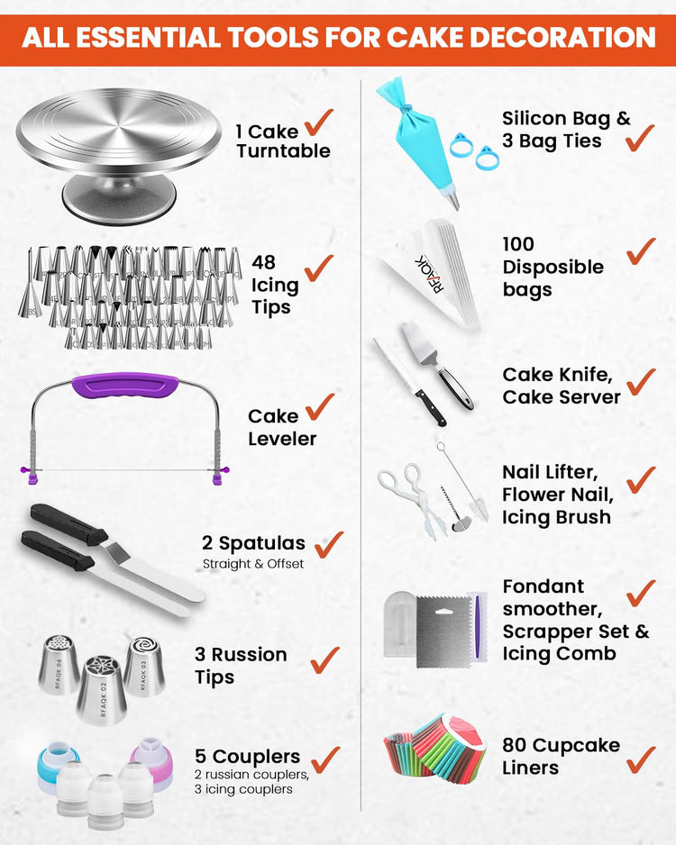 250 PCs Aluminum Cake Decorating Tools Kit with 12" Metal Turntable & Knife set