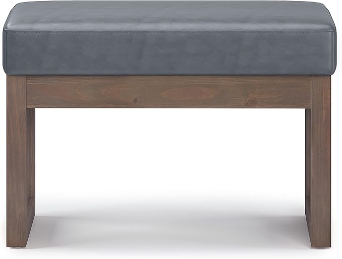 SIMPLIHOME Milltown Small Ottoman Bench - 27 inch Wide Upholstered Vegan Leather Rectangle Footstool Ottoman in Stone Grey, Contemporary Bench for Bedroom or Entryway with Cushioned Seat, Assembled