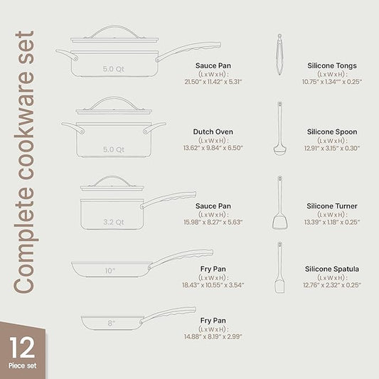 Bakken 12-Piece Aluminum Cookware Set with Ceramic Nonstick Coating, PTFE & PFAS Free, All Stovetop Safe Up To 500°F, Pots and Pans Set with Lids, Silicone Utensils Included, Dishwasher Safe, Black