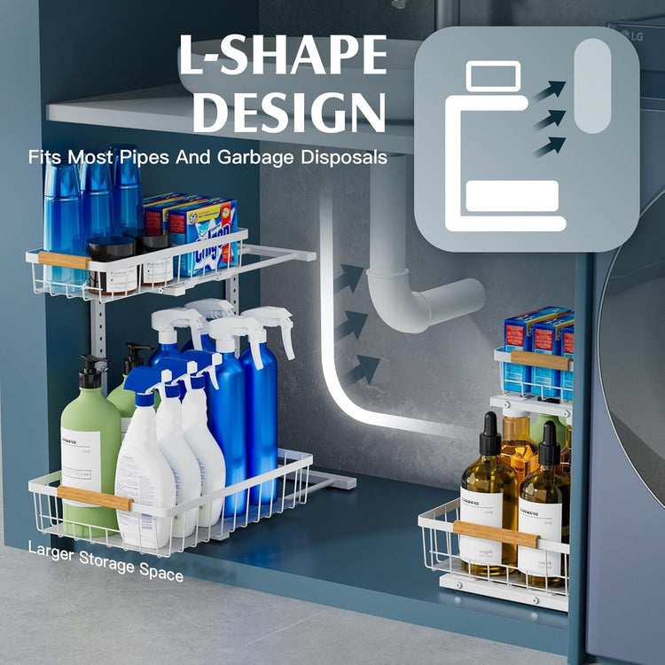 2 Pack Under Sink Organizers and Storage, Height Adjustable Under Sink Storage, Under Cabinet Organizer, Metal 2 Tier Pull out Cabinet Organizer, Bathroom Organizers and Storage, White