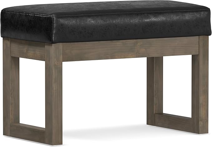 SIMPLIHOME Milltown Small Ottoman Bench - 27 inch Wide Upholstered Vegan Leather Rectangle Footstool Ottoman in Distressed Black, Contemporary Bench for Bedroom with Cushioned Seat, Assembled