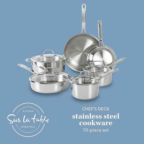Sur La Table Kitchen Essentials Chef's Deck 10 Piece Stainless Steel Non Toxic Pots and Pans Kitchen Cookware Set w/Triply Encapsulated Base - Induction Safe