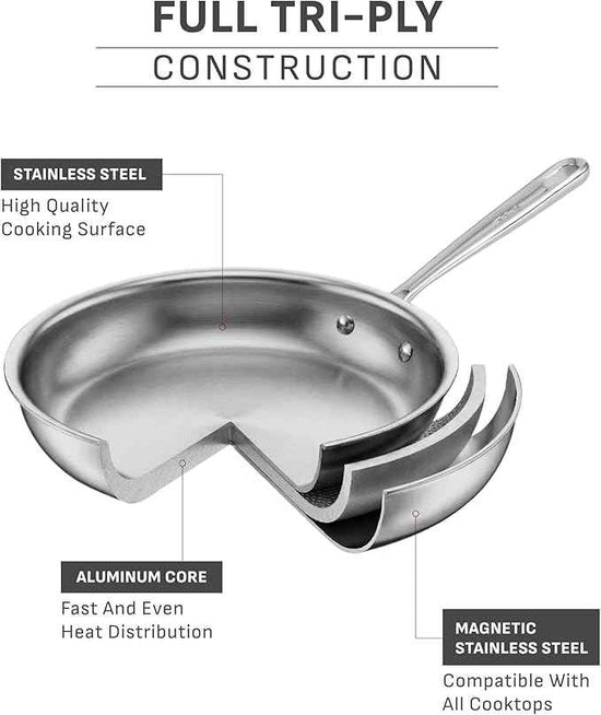T-Fal Pro Tri-Ply Stainless Steel Sauce Pan with Lid, 2 Quart Saucepan with Lid, Induction Pot, Oven Safe 500F, Lid-350F, Fast & Even Heat, Professional Quality & Durability, Silver