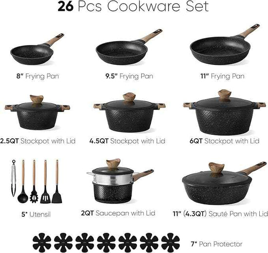 CAROTE 26PCS Pots and Pans Set Non Stick, Cookware Set Pots and Pans Induction Cook Ware, Nonstick Kitchen Cooking, PFOA Free, Black
