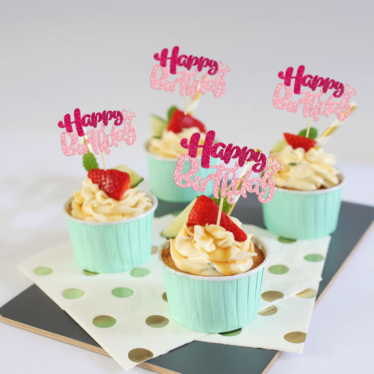 24Pcs Happy Birthday Cupcake Toppers Double Layer Glitter Happy Birthday Cake Decorations for Celebrating Baby Shower Theme Kids Boys Girls Birthday Anniversary Party Supplies Rose Red Pink (24 Count)
