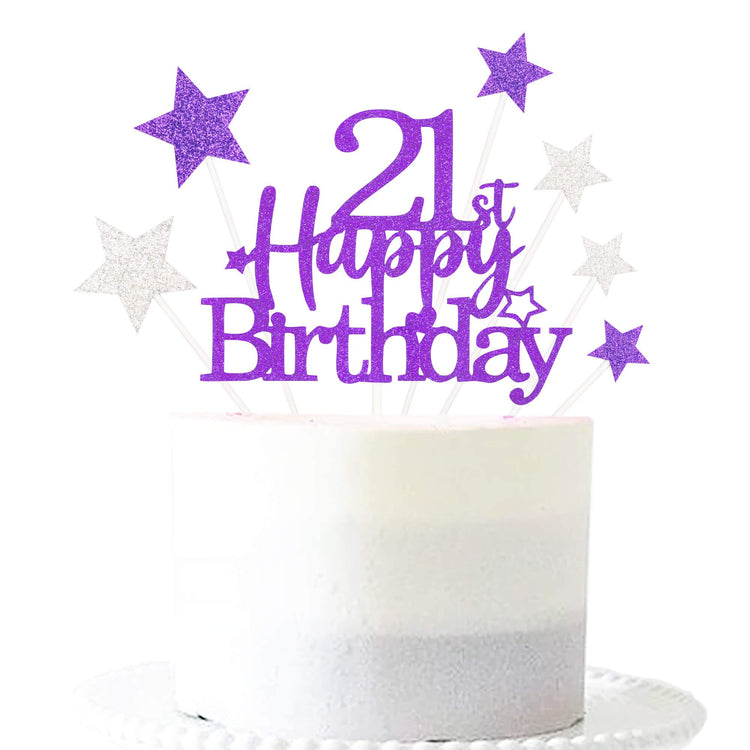 Purple Silver 21st Birthday Cake Topper with Glittery Stars (7 Count)