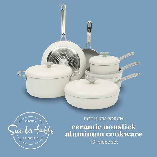 Sur La Table Kitchen Essentials Potluck Porch 10 Piece PFA Free Ceramic Non stick Interior Forged Aluminum Cookware Pots and Pans Set W/Aluminum Lids - Linen White - Induction Compatible