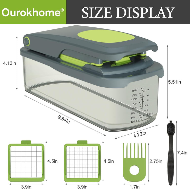 Ourokhome Vegetable Chopper Cutter with Container, Manual Hand Food Veggie Dicer with 2 Chopping Blades for Potato Strips, Onion Cubers, Carrot Sticks, Essential Kitchen Gadgets (2 in 1, Gray)