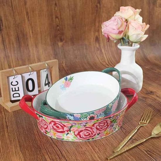 Two-piece baking pan set: Hand-painted floral ceramic baking pan with creative double handles, suitable for lasagna, quiche, apple pie, etc, a housewarming or wedding gift. (Combination 1)
