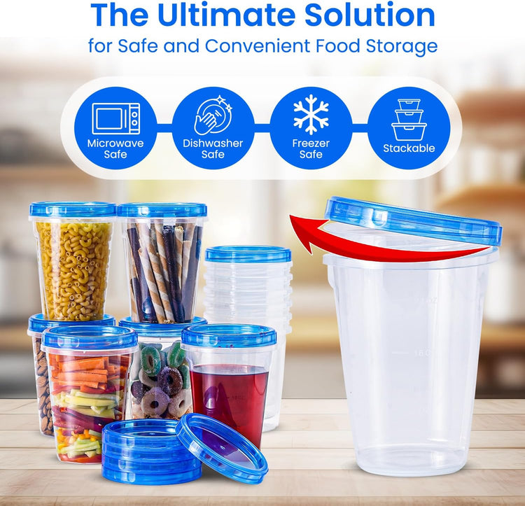 RFAQK 24 PCS Freezer Storage Containers with Lids-12 Plastic 32 oz Deli Containers with 12 Screw Lids-Freezer Containers for Soup with Twist Top Lids-Reusable Plastic Box for Lunch, Gym, Travel