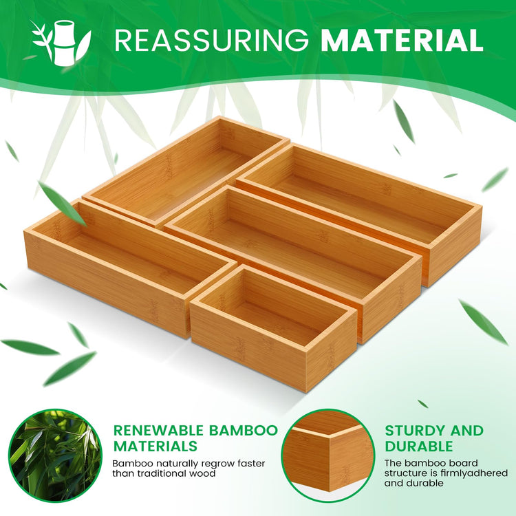 Bamboo Drawer Organizer Set (5 Compartments)