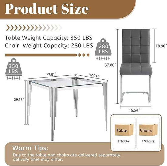 AF ARTISAN FURNITURE 37'' Square Glass Dining Table Set for 4, Kitchen Table Chairs Set of 4, Clear Silver Glass Dining Tables with Stainless Steel Legs, 4 Grey PU Dining Chairs, Living Room, Kitchen
