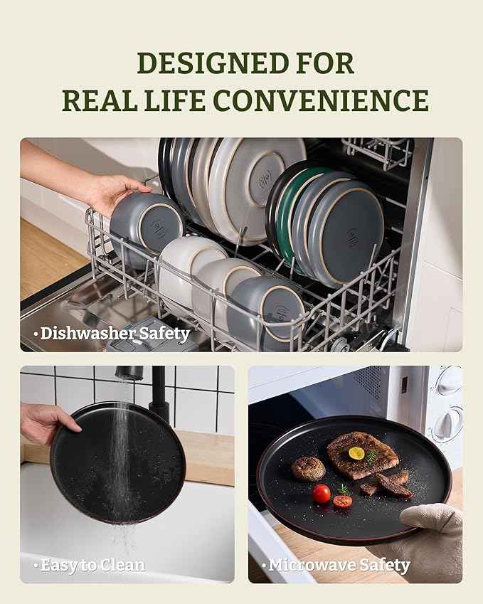Famiware Mercury Dinnerware Sets with Pasta Bowls, Service for 4 (16 Pieces), Plates and Bowls Sets, Microwave and Dishwasher Safe Dishes Set, Matte Black