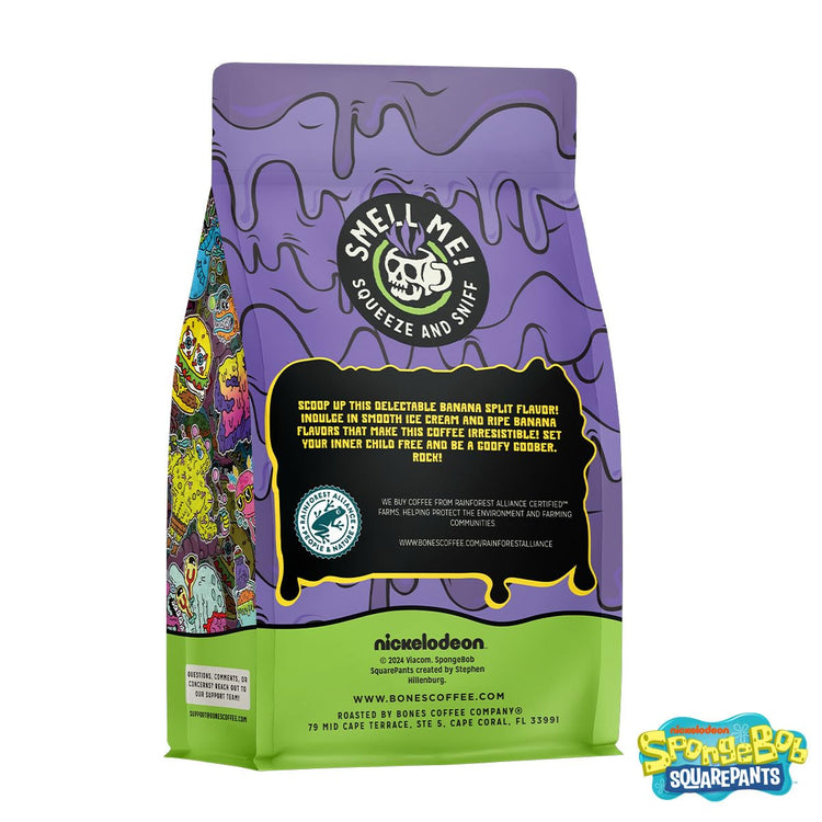 Bones Coffee Company Spongebob Goofy Goober Sundae, Banana Split Flavored Coffee, Medium Roast Low Acid Arabica Beans Compatible with Auto drip and French Press Coffee Maker, 12 Oz Whole Bean