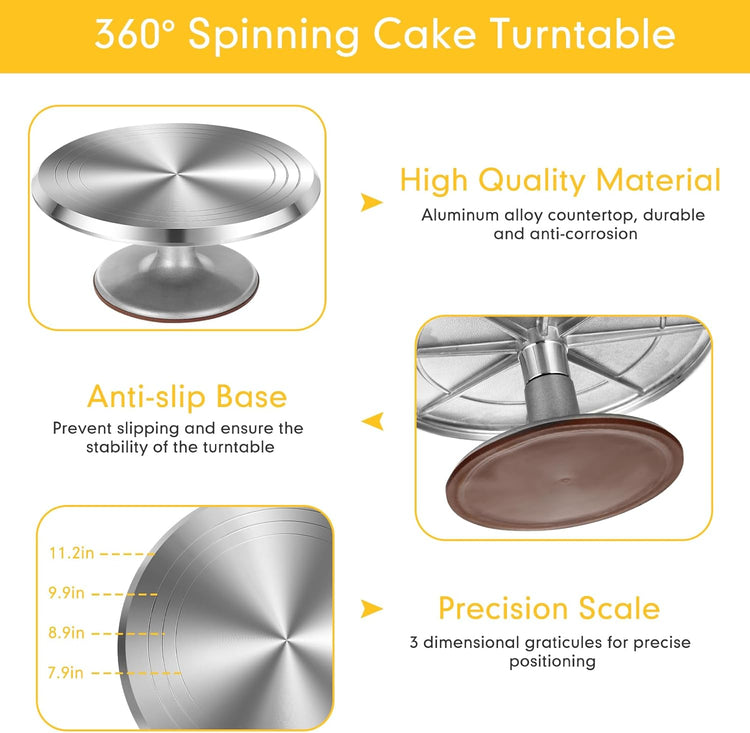 Nuogo 154 Pcs Aluminum Cake Decorating Tools Kit with 12 Inch Aluminum Cake Turntable, Cake Decorating Gun with 6 Heads, 34 Pcs Cake Decorating Set, 11 Cream Spatula Set, 100 Cream Piping Bag