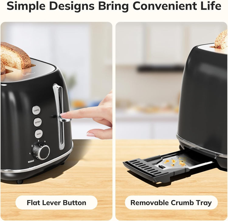 Retro Stainless Steel 2 Slice Toaster - Bagel, Cancel, Defrost Functions, 6 Shade Settings, Extra Wide Slot, Removable Crumb Tray (Black)