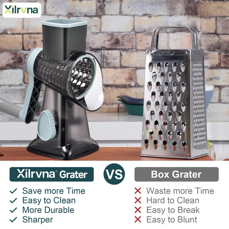 Rotary Cheese Grater with Handle Kitchen Shredder Slicer Grater Slicer Ice Shaver Cheese Vegetable Nuts Potato Zucchini Chocolate 3 Interchangeable Blades