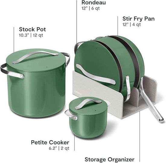 Caraway 24-Piece Nonstick Ceramic Cookware Set - Includes Fry Pans, Sauce, Sauté Pan, Dutch Oven, Petite Cooker, Stir Fry, Rondeau, Stock Pot, Lids & Storage Organizers - Sage