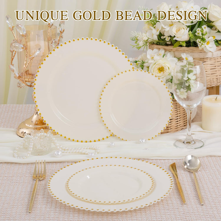 100pcs Ivory Plastic Plates with Gold Beads for Wedding & Party (100 Count)