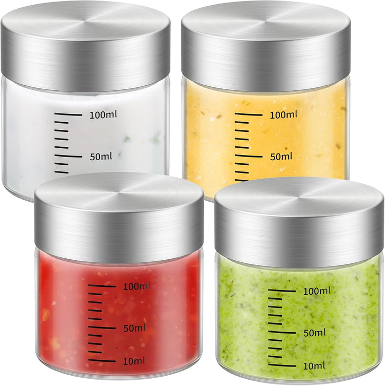 4 Oz Glass Bottles, 4 Pack Glass Jar with Lid, BPA Free, Borosilicate Glass, Stainless Steel Lids for Juicing, Smoothies, Infused Water, Beverage Storage