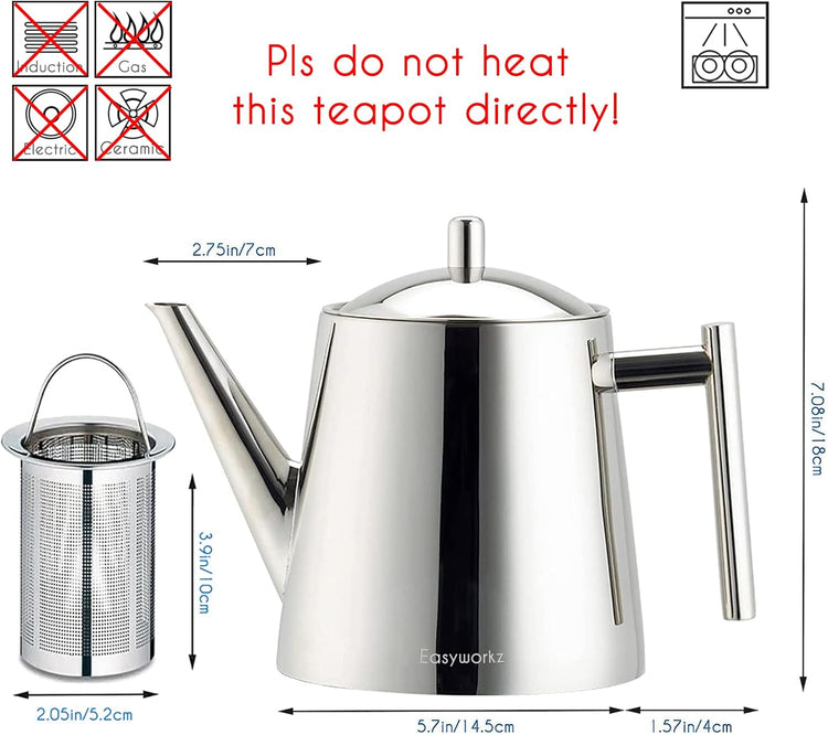 Easyworkz Stainless Steel Double Wall 34 oz Tea Pot with Removable Tea Infuser, Perfect for Brewing Your Favorite Tea, Chrome