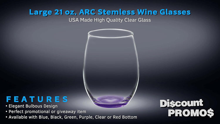 DISCOUNT PROMOS 10 ARC Stemless Wine Glasses Set, 21 oz. - Chardonnay, Cabernet, Merlot, Sauvignon - Purple